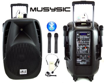 MUSYSIC 1600 Watts Professional Portable Dual Mic Wireless Rechargeable 15" Speaker PA System MU-15PA