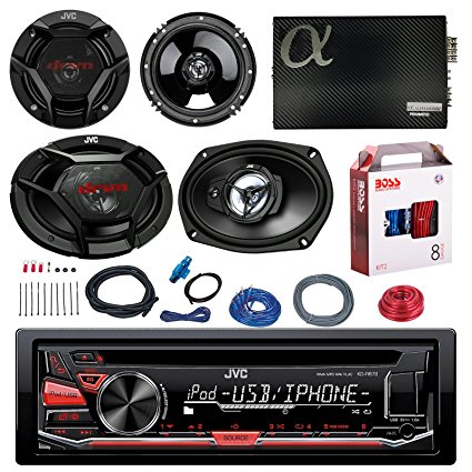 JVC KD-R670 CD/MP3 AM/FM Radio Player Car Receiver Bundle Combo With 2x JVC 300W 6.5" 2-Way Car Audio Speakers   2x 6x9" 3-Way Stereo Speaker   1600 Watt Class A/B Amplifier   Boss 8g Amp Install Kit