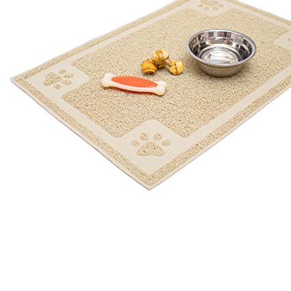 Pet Feeding Mat, Silicone Non-Slip Absorbent Waterproof Pet Food Mat for Cat and Dog Bowls, Easy to Clean, Unique Paw Design, Large 24 by 16 Inches, Beige