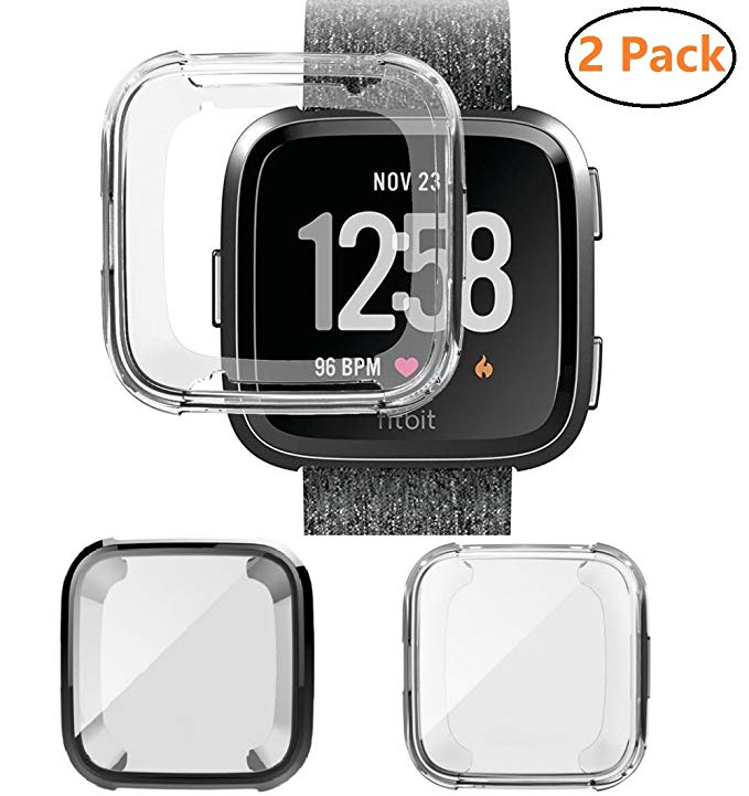 Fitbit Versa Case,Monoy 2-Pack All Around Protective Cover Case Screen Protector for Fitbit Versa - Black Clear