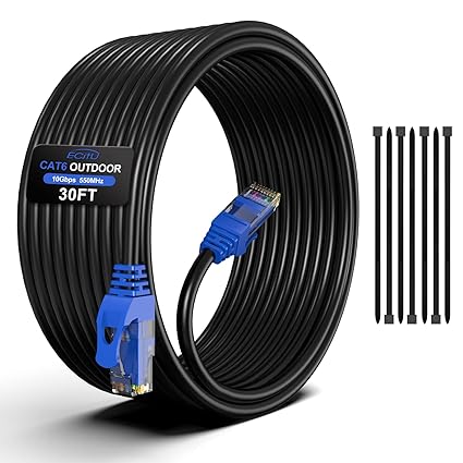 30FT Cat6 Outdoor Ethernet Cable, In-Ground, Heavy Duty Direct Burial, 24AWG CCA Patch Cord, POE, UTP, Waterproof, LLDPE UV Resistant, Network, Internet, LAN, Cat 6 Cable 30 Feet with 25 Cable Ties