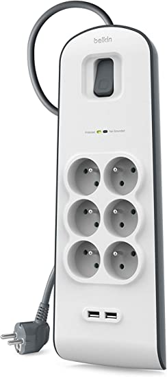 Belkin - BSV604ca2M - Multiprise/Parafoudre 6 Prises avec 2 Ports USB Intégrés - Cordon de 2m - Blanc (Protection jusqu'à 650 joules)