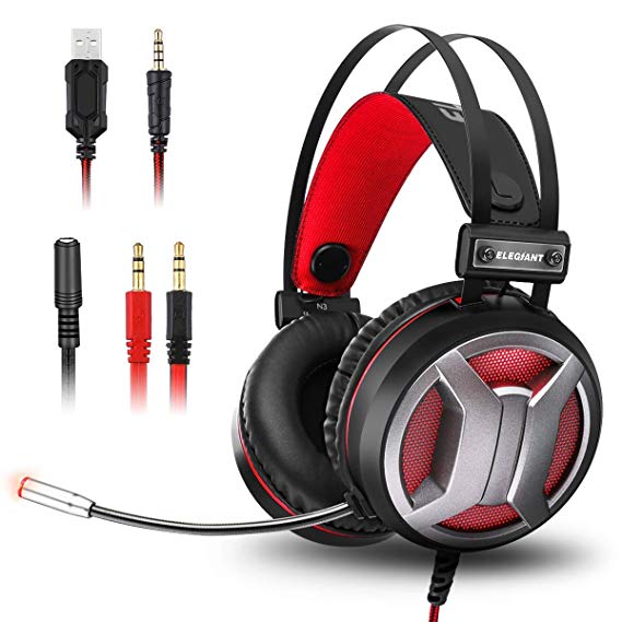 Gaming Headset for Xbox One PS4 PC,ELEGIANT Gaming Headphones 4D Surround Stereo Sound 50mm Driver with Microphone Volume Control LED Light 3.5mm Jack,PC Headset for Laptop,Tablet,Smartphones