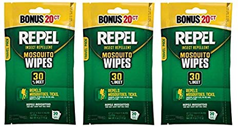 Repel 94100 Sportsmen 30-Percent Deet Mosquito Repellent Wipes, 3 Packs of 20 Count - 60 Total!