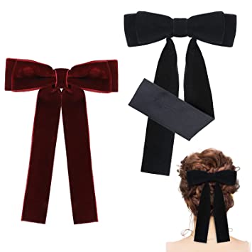 2 Pcs Black Velvet Hair Velvet Hair Bows for Women Bow Big Soft Long Tail Large Bow Black Hair Ribbon French Barrette Silky Satin Bowknot Hairpin Elegant Hair Accessories for Women Girls Mom