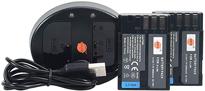 DSTE Replacement for 2 x D-LI90 Battery   Dual USB Charger Compatible Pentax K5II K-7D K01 K3 K-3II K5 K7 645D 645Z Digital Camera