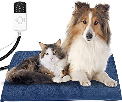 Pet Heating Pad 45X70CM,4 Adjustable Timer & 10 Adjustable Temperature,Waterproof Safe Heated Pet mat for Dog Cat with Chew Resistant Cord,Soft Flannel Electric Blanket Blue