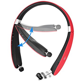 Bluetooth Headset, Bluetooth 4.1 Wireless Stereo Headphones , Retractable and Foldable Neckband Style Earbuds (Red)