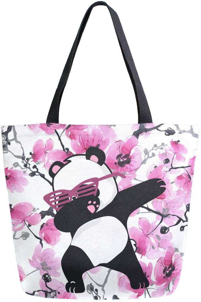 Naanle Japanese Panda Canvas Tote Bag Large Women Casual Shoulder Bag Handbag, Cherry Blossom Reusable Multipurpose Heavy Duty Shopping Grocery Cotton Bag for Outdoors.
