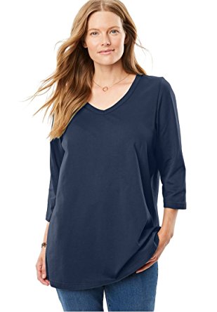 Women's Plus Size Perfect V-Neck Tee, 3/4-Sleeve