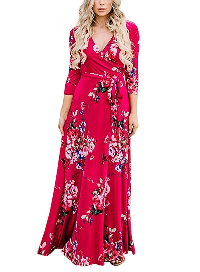 Dokotoo Womens Summer Floral Print Faux Wrap Maxi Long Dresses with Belt