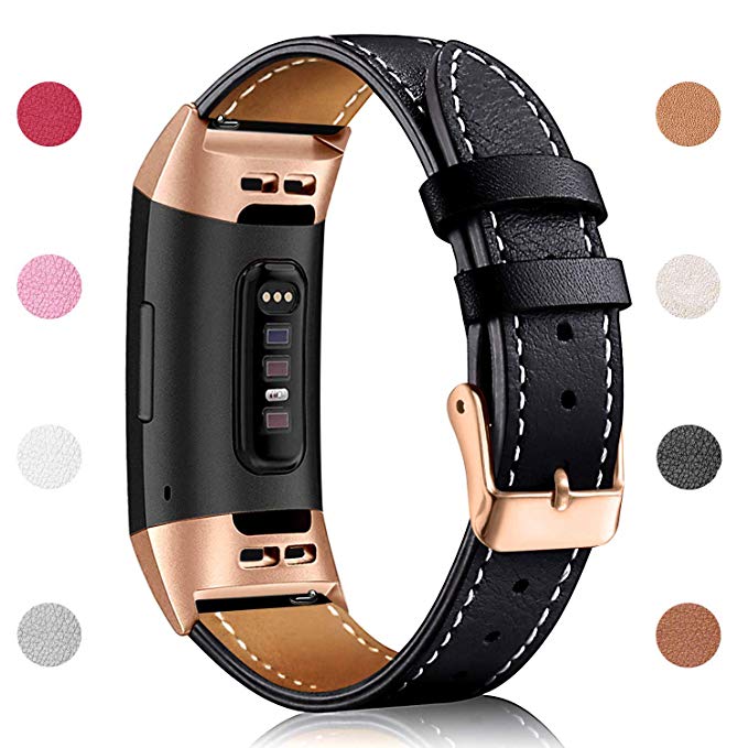 Hotodeal Leather Band Compatible Fitbit Charge 3 Charge 3 SE, Classic Replacement Genuine Leather Bands Metal Connectors Women Men Small Large Size Silver, Rose Gold, Black