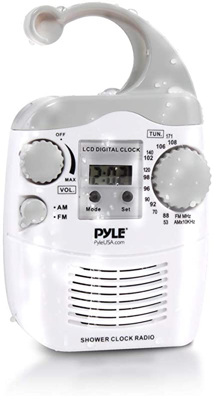 Hanging Waterproof Shower Clock Radio - Wireless Mini Portable Waterproof Battery Operated Shower Radio Speaker w/ Digital Clock, LCD Screen for Home, Beach, Hot Tub, Bathroom, Outdoor - Pyle PSR6