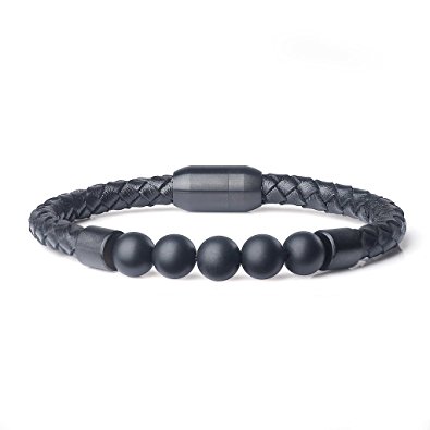 AmorWing Mens Womens Magnetic Clasp Leather with Genuine Stone Mala Beads Bracelet