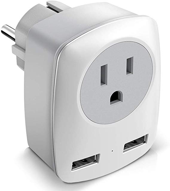 Europe Travel Adapter, European Plug Adapter for America to France/Germany/Italy/Finland/Greece/Iceland, International Power Adaptor 2 USB & 1 US Outlet to Charge iPhone iPad Laptop (Schuko Type E/F)