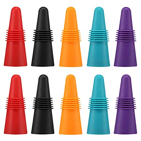 Wine Bottle Stopper (Set of 10), Silicone Reusable Wine and Beverage Bottle Stopper with Grip Top, Assorted Color.(Red, Blue, Orange, Purple, Black)