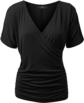 MBJ Womens V Neck Short Sleeve Wrap Front Drape Dolman Top - Made in USA
