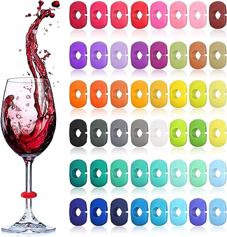 48 Pieces Wine Glass Charms Markers Silicone Drink Markers for Wine Glass Champagne Flutes Cocktails, Martinis, 48 Colors