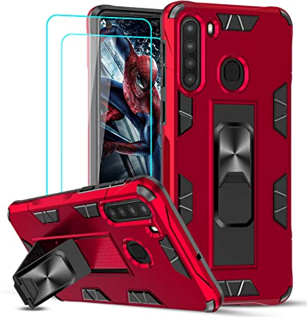 Samsung A21 Case, Samsung Galaxy A21 Case with Tempered Glass Screen Protector [2Pack], LeYi Military-Grade Shockproof Built-in Kickstand Magnetic Car Mount Protective Cover Case for Galaxy A21, Red