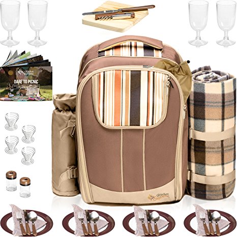 Picnic Backpack Basket Wine Cooler | Stylish All-in-One Portable Picnic Bag for 4 with Complete Tableware Set, Waterproof Fleece Picnic Blanket & Detachable Insulated Cooler, Perfect for Family Picnic