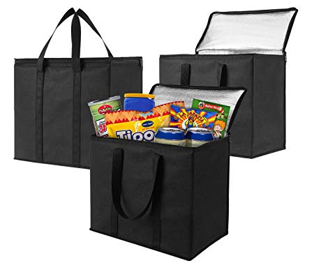 3 Pack Insulated Reusable Grocery Bag by VENO, Durable, Heavy Duty, Extra Large Size, Stands Upright, Collapsible, Sturdy Zipper, Made by Recycled Material, Eco-Friendly (BLACK, 3)