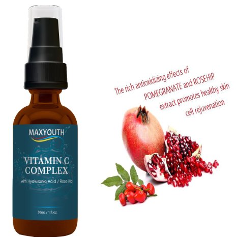 Maxyouth Best Vitamin C Serum With Hyaluronic Acid, Rose Hip,Pomegranate,Vitamin A   D   E   B6   K, Antioxidant Nutrients-Facelift,Anti Aging Wrinkle Serum-Healthier,Beautiful Skin!