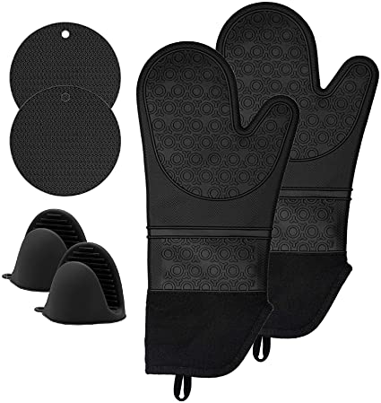 Silicone Non Slip Oven Mitts-CINEYO-Heat Resistant Cooking and Pot Holders Set, Kitchen Oven Mitts with Inner Cotton Layer for Cooking, Baking, includes Mini Oven Gloves and Hot Pads, Set of 6 (Black)