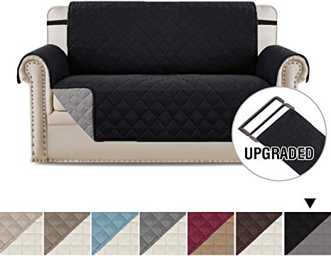 H.VERSAILTEX Loveseat Covers Loveseat Slipcover Reversible Quilted Furniture Protector with Elastic Straps Slip Resistant Furniture Cover for Kids, Dogs, Pets (Loveseat Medium: Black/Grey)