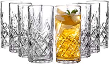 Clovelly Tall Highball Glasses Set of 8, 12 Ounce Cups, Textured Designer Glassware for Drinking Water, Beer, or Soda, Trendy and Elegant Dishware, Dishwasher Safe