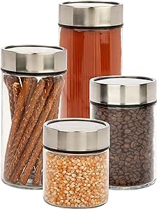 Honey-Can-Do 4 Piece Glass Kitchen Canisters with Stainless Steel Lids - Premium Glass Food Storage Containers, Versatile Cereal, Flour, Coffee, Snacks Container Jars for Kitchen Organization