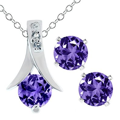 225 Ct Round Purple Amethyst 925 Silver Pendant and Earrings Set 18 Chain