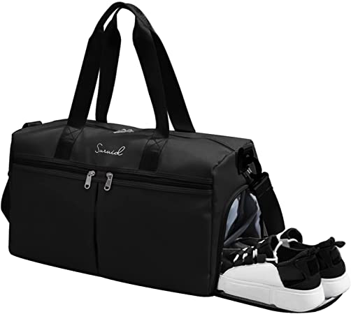 Suruid Sports Gym Bag Travel Duffel Bag Weekender Overnight Tote Carry On Bag with Dry Wet Separated Pocket & Shoes Compartment, Lightweight Travel Bag for Men and Women (Black)