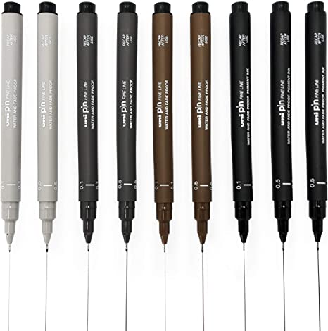 Uni Pin Fineliner Drawing Pen - Sketching Set - Black, Dark Gray, Light Gray, Sepia - 0.1/0.5mm - Set of 9