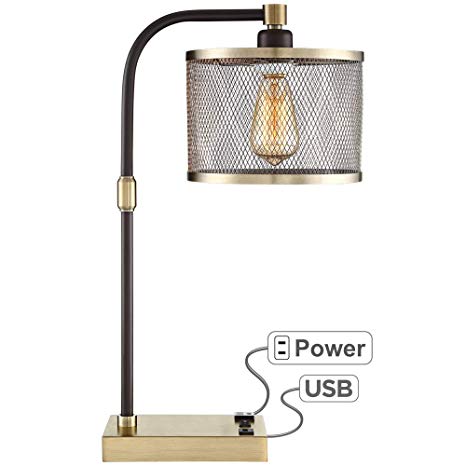 Brody Antique Brass Desk Lamp with USB and Outlet