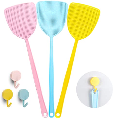 Bottokan 3 Multi Pack Fly Swatters with Hooks, Manual Swat Flexible Fly Swatters with Long Handle, Heavy Duty Fly Swatters Plastic, Home and Kitchen Helper(3 Pack,3 Colors,3 Cute Hooks)