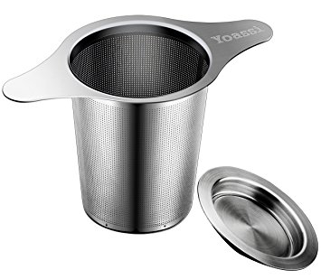 Yoassi Brew-in-mug Teapot Extra Fine Mesh Tea Strainer Infuser Steeper 18/8 Stainless Steel Strainer with Lid and 4.9 Inch Handle for Loose Leaf Grain Tea Cups, Mugs, and Pots