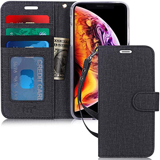 FYY Wallet Case for Apple iPhone Xr (6.1") 2018, [Kickstand Feature] Flip Folio Canvas Case with ID Credit Card Pockets, Note Holder, and Wrist Strap for Apple iPhone Xr (6.1") 2018 Dark