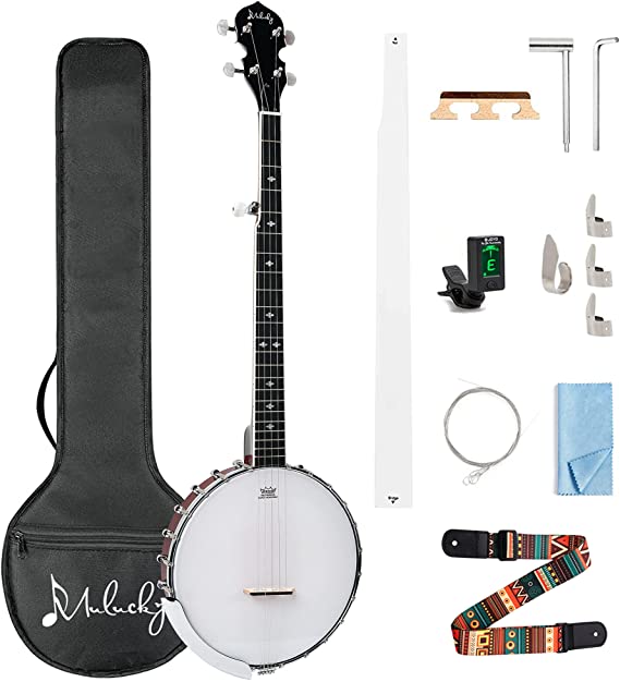 Mulucky 5 String Banjo - Full Size with 24 Brackets, Open Back, Mahogany Body with Remo Head, Geared 5th Tuner, Gift Package with Beginner Kit - B1106