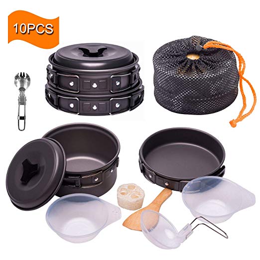 Outton Outdoor Camping Cookware Set Pots&Pans, Nonstick Lightweight Foldable Camping Stove for Picnic, Hiking, Backpacking, Heating Food Bowls for 1-2 Persons with Mesh Bag