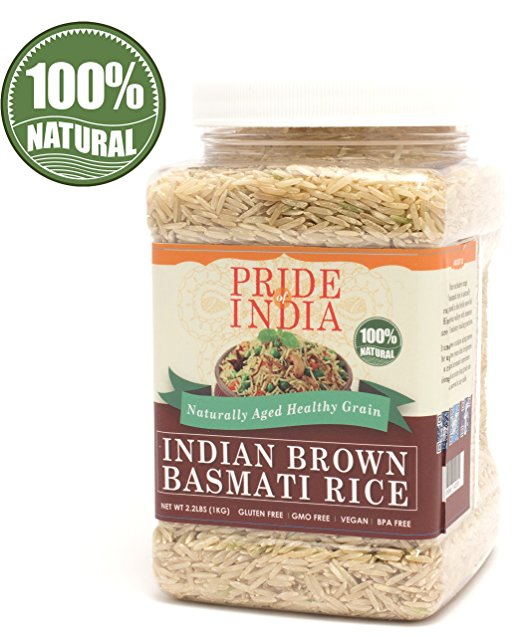 Pride Of India - Extra Long Brown Basmati Rice - Naturally Aged Healthy Grain, 2.2 Pound (1 Kilo) Jar