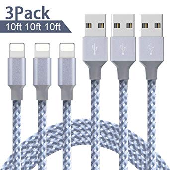 iPhone Charger, Mfi Certified Lightning Cables 3Pack 10FT 10FT 10Ft to USB Syncing Data and Nylon Braided Cord Charger for iPhone XS/Max/XR/X/8/8Plus/7/7Plus/6S/Plus/SE/iPad and More