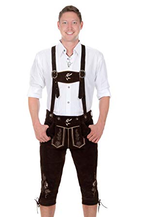Edelnice Trachtenmoden Bavarian Traditional Leather Trousers Lederhosen with Suspenders Darkbrown with Deer Embroidery
