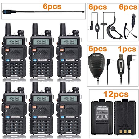 BaoFeng Radio UV-5R Dual Band Two Way Radio (6 Pack)   6 NA-771 Antennas and Speaker Mics   12 1800mah Batteries   1 Programming Cable Baofeng Walkie Talkie Ham Radio