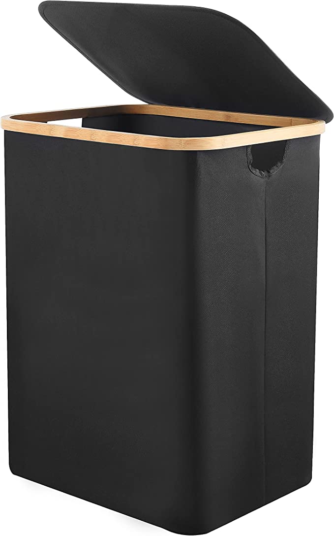 ALINK Folding Large Bamboo & Canvas Laundry Hamper- Single Laundry Basket with Lid - Modern Collapsible Hamper with Handles, Waterproof Liner, Great for Kids, Adults, Bedroom, Bathroom, Living Room, College Dorm-Black