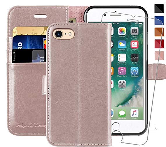 iPhone 6 Wallet Case/iPhone 6s Wallet Case,4.7-inch, MONASAY [Glass Screen Protector Included] Flip Folio Leather Cell Phone Cover with Credit Card Holder for Apple iPhone 6/6S (Rosegold)