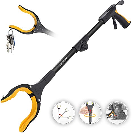 Jellas Reacher Grabber Tool, 0°-180° Angled Arm, 90° Rotating Head, 32" Foldable Claw Grabber with Magnetic Tips, Reaching Assist Tool for Trash Pick Up, Litter Picker, Arm Extension (Yellow)