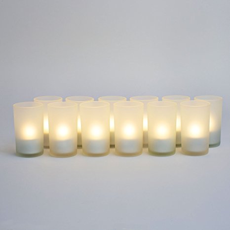 Set of 12 Rechargeable Bright White LED Flameless Tea Lights with Frosted Glass Holders, Charging Base and Plugin Transformer Included, Suitable for Indoor and Outdoors