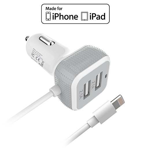 JANX Apple MFI Certified 6.6Amp (33 Watt) Dual USB Port Car with Built in Lightning Cable in Car Charger Designed for Apple and Android Devices - White