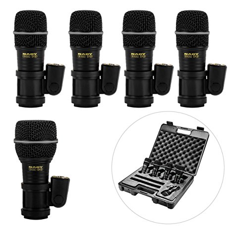 Nady DMK-5 Five Piece Drum Microphone Kit - Includes four DM-70 tom/snare microphones, one DM-80 kick drum microphone, and a foam-lined storage case
