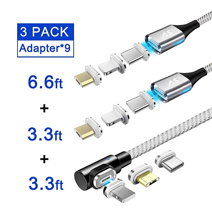 GenX Magnetic Phone Charger Cable, Nylon Braided 3 in 1 Max 3.0A Fast Charging & Data Sync LED Magnetic Cable (Silver)